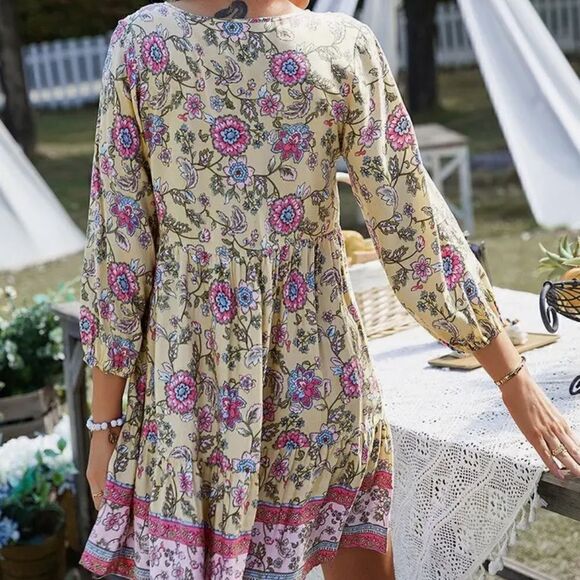 NEW! Pale Yellow Floral Boho Long Sleeve Mini Dress Smock Baby Doll Trendy - Picture 3 of 3